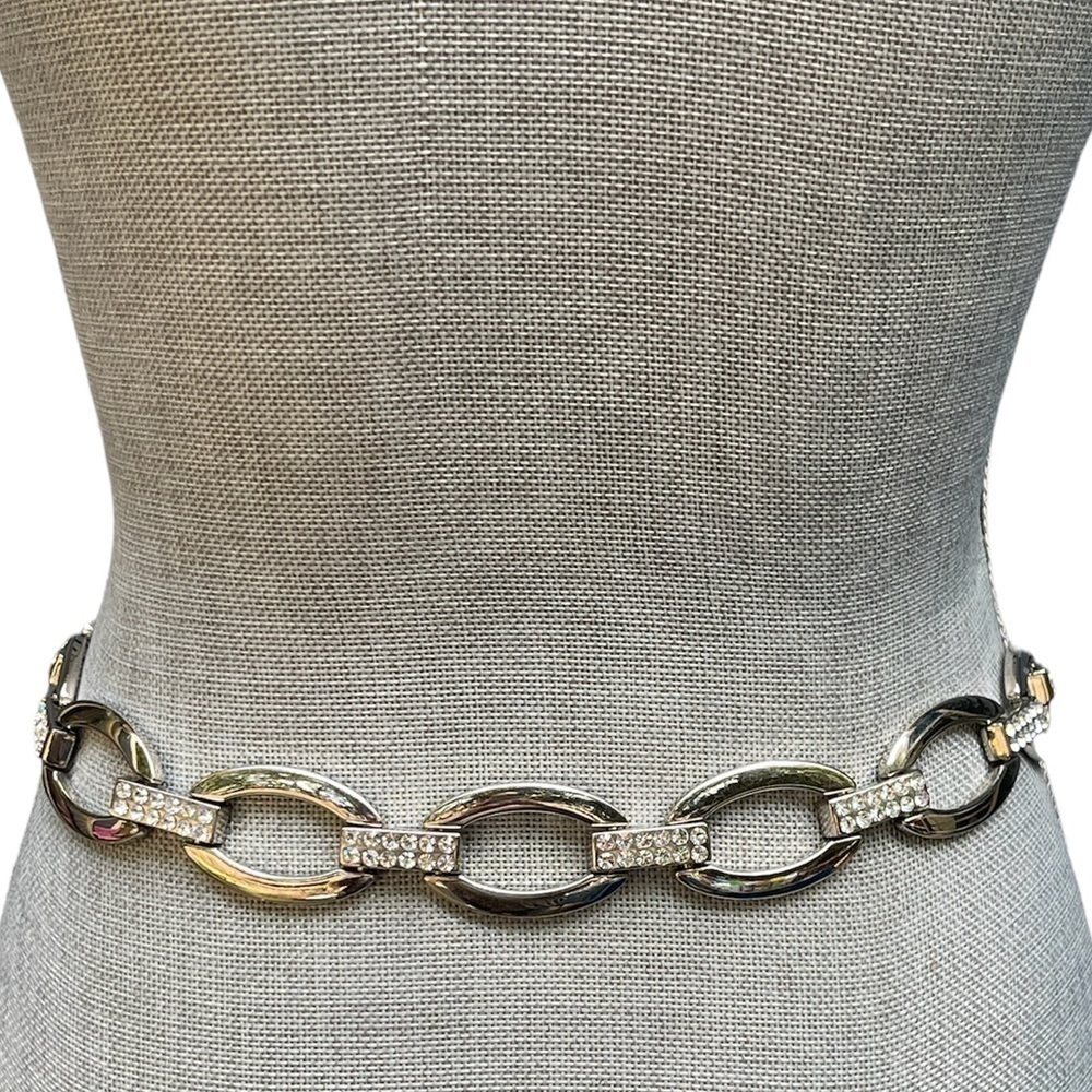 VINTAGE Belt 80’s - 90’s Silver Oval Links with Rectangular CZ Links M/L 34”-50”